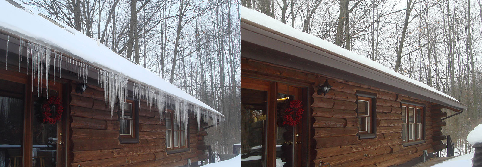Home exterior in wintertime before and after Helmet Heat gutter accessory installation